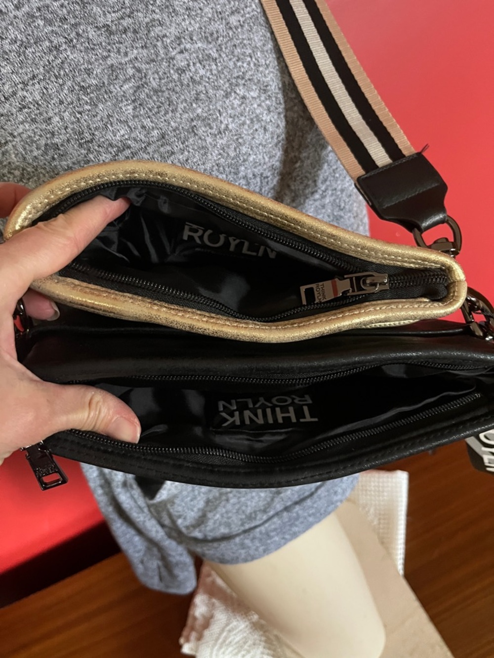 New Think Royln Gold and Black Crossbody Bag with Striped Guitar Strap - Picture 8 of 16